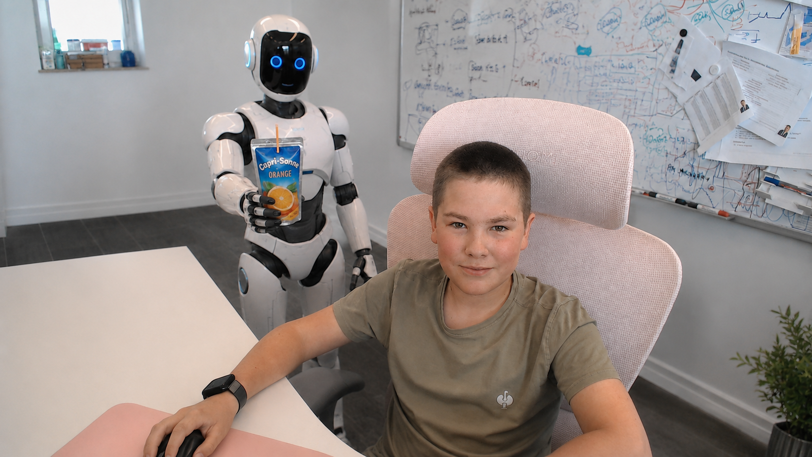 Silas mit einem humanoiden Roboter, der ihm eine Capri-Sonne reicht